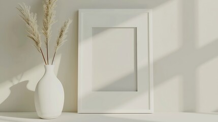 Fototapeta na wymiar Generative AI : White photo frame mockup with white vase