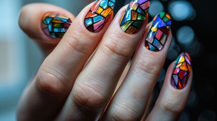 Female hand with colorful manicure. Generative AI