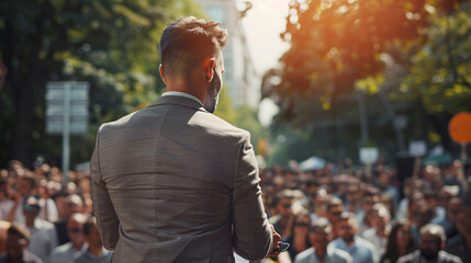 Man doing a speech outdoor in front of a crowd of members of a political party - obrazy, fototapety, plakaty