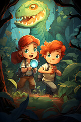 Adventurous Outing into a Colorful Forest: Little Girl Explorer with her Dinosaur Friend Cartoon Adventure