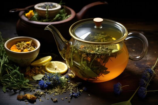 Herbal tea with lemon and wildflowers on dark wooden background