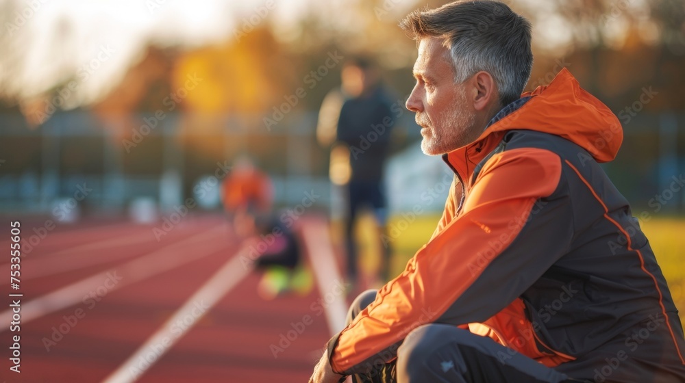 Aufkleber A shot of a coach in action crouched at the edge of the track intently monitoring and instructing their athletes as they train for peak performance.