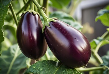 ripe eggplant on a plant.