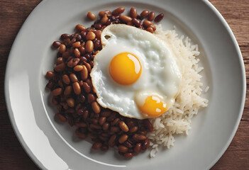 Prato de comida, feijão com arroz e ovo frito.