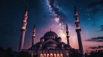 Greeting card template concept, ramadan kareem majestic mosque with beauty sky - obrazy, fototapety, plakaty