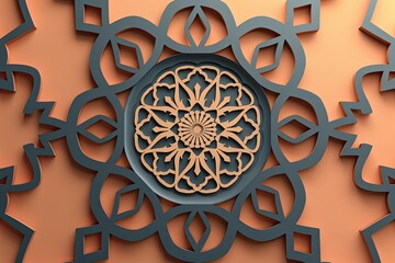 navy blue and beige islamic octagonal ornament with curved pattern on salmon background