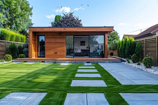 Back garden view showcasing a well-designed outdoor living space with artificial grass Paving slabs And a timber outbuilding Perfect for home and garden inspiration