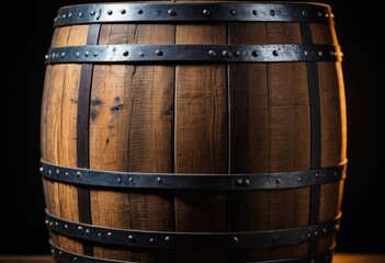 Fototapeta premium wooden barrel with metal bands, standing upright