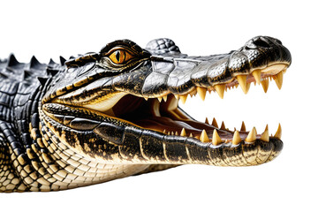 Alligator, centered, contrasts starkly with the bright white background, high-resolution stock photograph, sharp focus capturing the intricate scales and formidable teeth, neutral lighting - obrazy, fototapety, plakaty