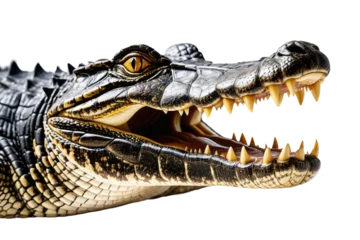 Muurstickers Alligator, centered, contrasts starkly with the bright white background, high-resolution stock photograph, sharp focus capturing the intricate scales and formidable teeth, neutral lighting © ramses