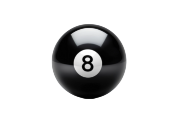 Black 8 ball isolated, centered on a pure white background, gloss highlights reflecting soft-box lighting, shadow delineated below to suggest depth, high resolution, DSLR capture