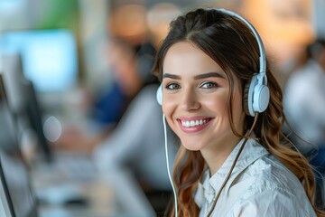 Customer service representative smiling warmly Wearing a headset in a modern call center Embodying professionalism and friendly support - obrazy, fototapety, plakaty