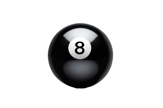 Black 8 ball isolated, centered on a pure white background, gloss highlights reflecting soft-box lighting, shadow delineated below to suggest depth, high resolution, DSLR capture