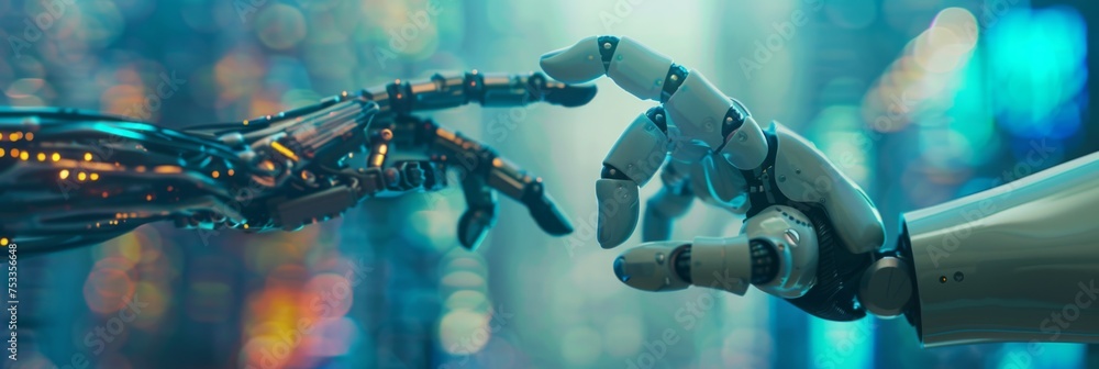 Poster two robotic hands reaching for each other - symbolic image of two robotic hands reaching towards eac