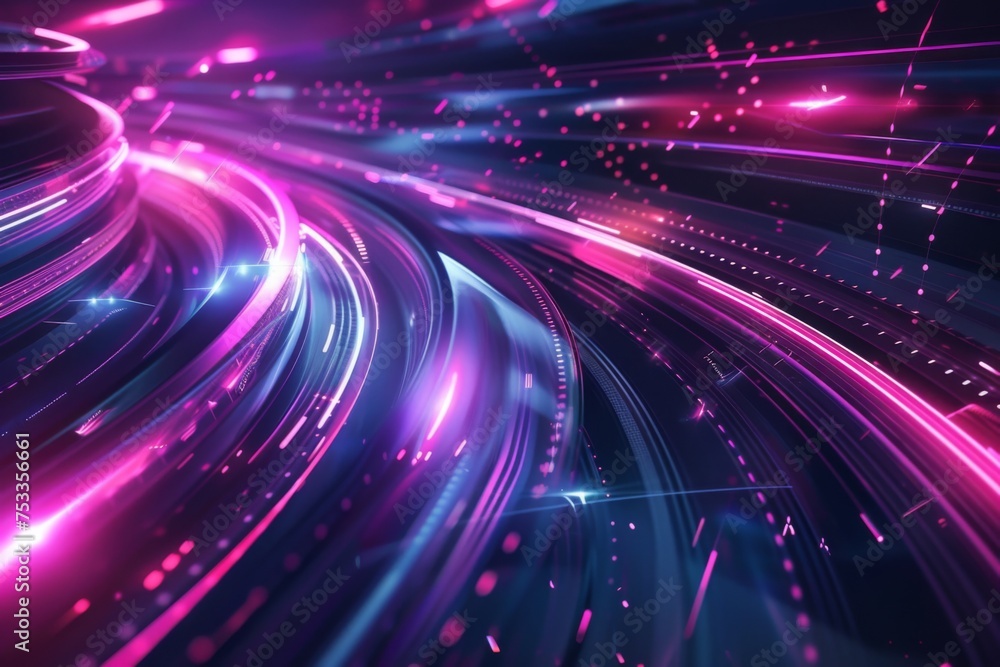 Poster vibrant neon lines flow in abstract design - dynamic neon swirls with particles convey energy, motio