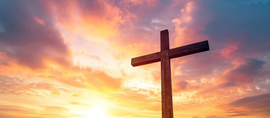 Silhouette christian religious cross on sunrise sky background - obrazy, fototapety, plakaty
