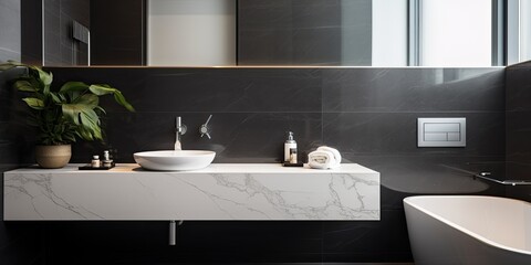 Minimalistic bathroom design in Kuala Lumpur, Malaysia on March 6, , featuring black and white tiles, a marble sink, and a long mirror.