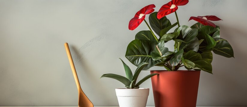 Empty flower pot and garden spatula beside monstera plant and hoya carnosa crimson Flower care and indoor landscaping Banner