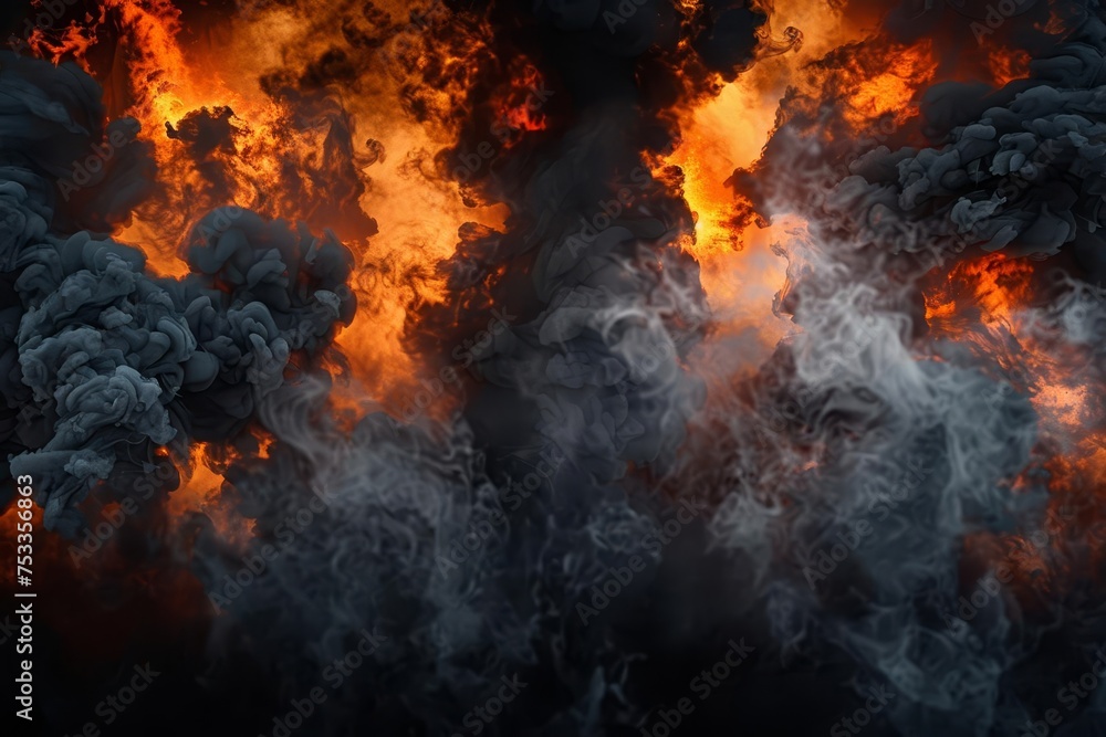 Poster explosive abstract with dark smoke and fiery lava borders creating a dramatic and powerful visual ef