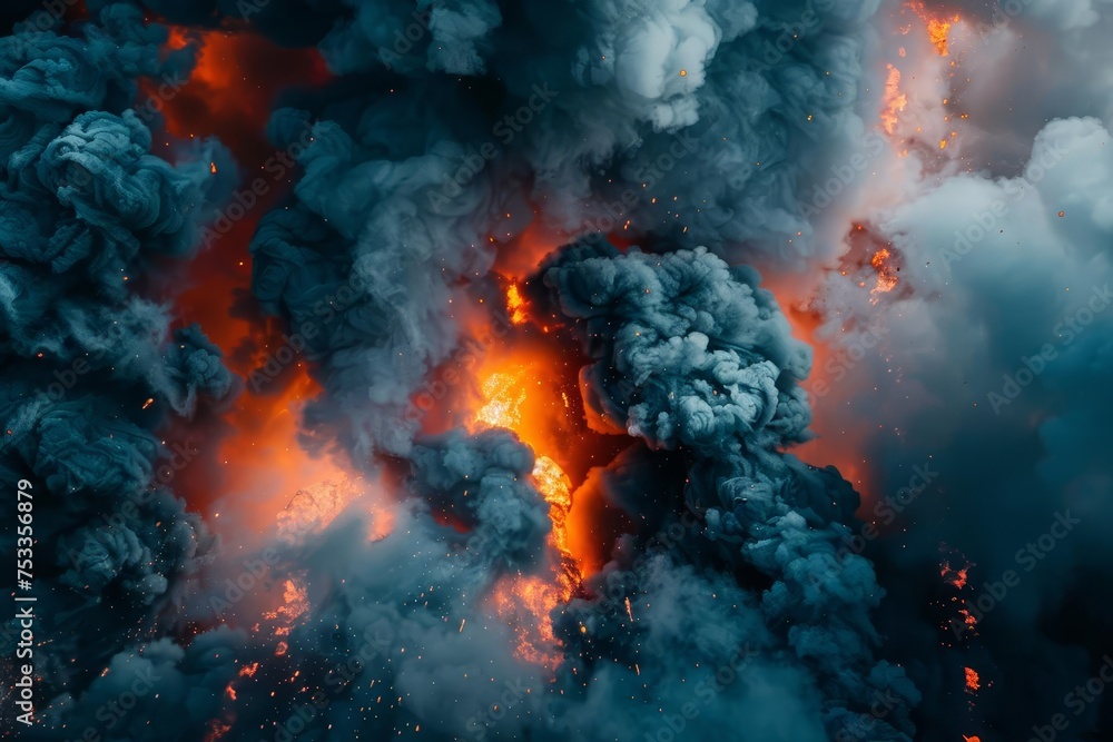 Poster explosive abstract with dark smoke and fiery lava borders creating a dramatic and powerful visual ef