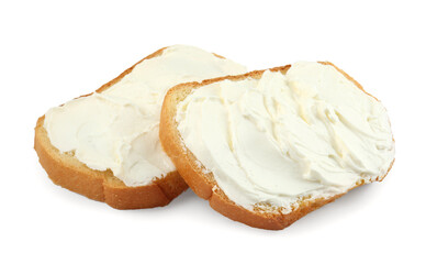 Slices of bread with cream cheese isolated on white
