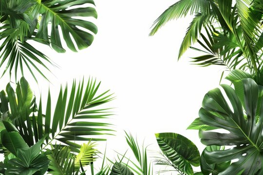 Elegant tropical frame composed of exotic jungle plants and palm leaves Offering a blank space for text Set against a crisp white background for a refreshing and vibrant design element