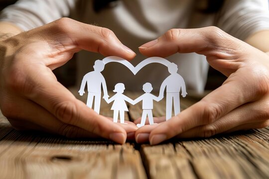 Family unity and love concept with hands forming a heart shape over a paper cutout of a family Symbolizing support and care