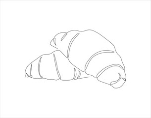 Continuous Line Drawing Of Croissant. One Line Of Baguette. French Bread Croissant Continuous Line Art. Editable Outline.
