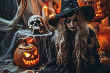 Halloween theme with a witch and spooky elements like skulls and pumpkins Creating a festive and eerie atmosphere for the holiday