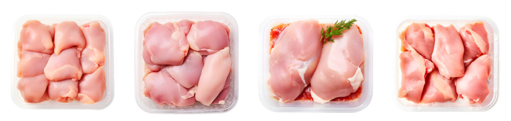 Raw chicken in plastic container isolated on a transparent PNG background, white background , Generative Ai