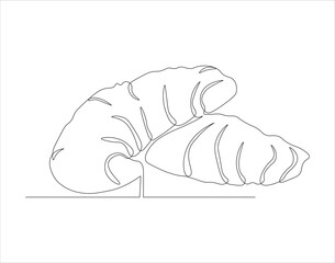 Continuous Line Drawing Of Croissant. One Line Of Baguette. French Bread Croissant Continuous Line Art. Editable Outline.