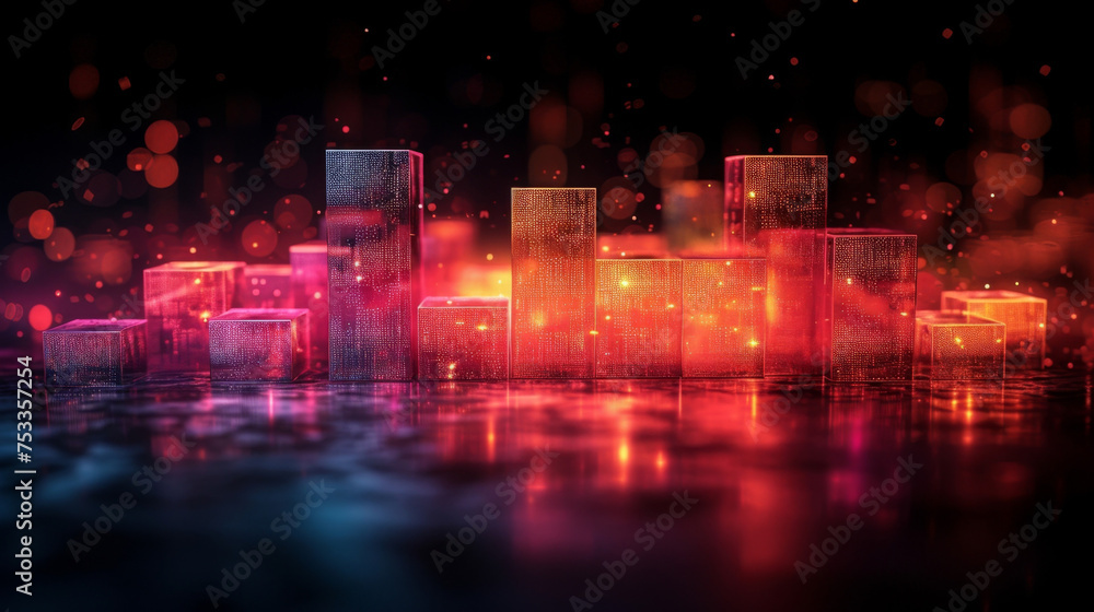 Poster a sleek 3d bar graph made up of digital cubes representing the rise in revenue over a specific perio