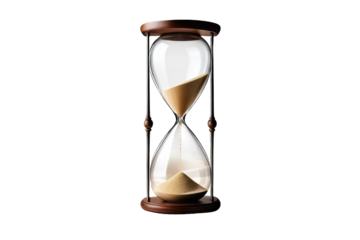Hourglass, full body, captured as a high-quality stock photograph, isolated against a pure white background, exhibiting clear glass contours filled with fine golden sand trickling down steadily