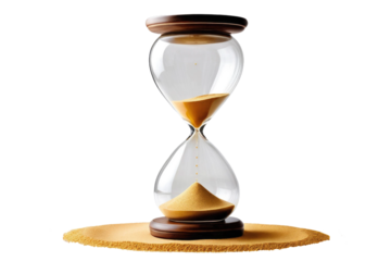 Hourglass, full body, captured as a high-quality stock photograph, isolated against a pure white background, exhibiting clear glass contours filled with fine golden sand trickling down steadily