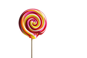 Lollipop in full view, isolated on a pure white backdrop, vibrant colors, sharp focus on the swirls and textures, casting a slight shadow indicating the direction of a soft light source - Powered by Adobe