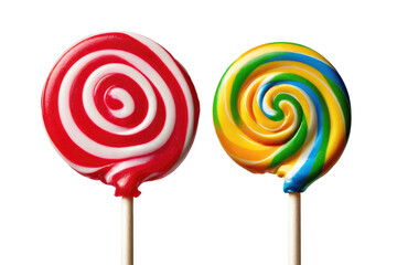 Lollipop in full view, isolated on a pure white backdrop, vibrant colors, sharp focus on the swirls and textures, casting a slight shadow indicating the direction of a soft light source