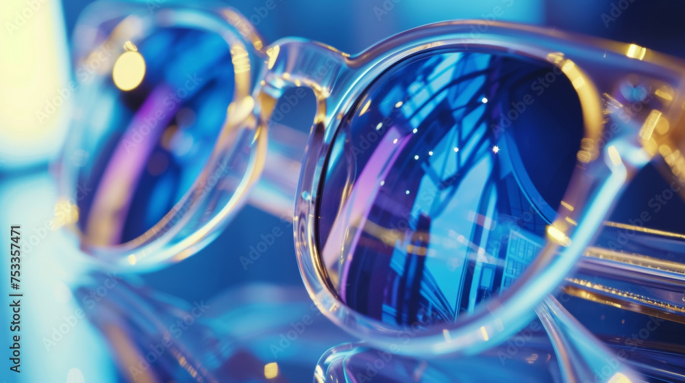 Poster a detailed shot of a pair of smart glasses blending fashion with functionality for a practical yet s