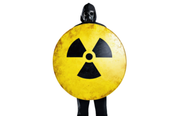 radioactive symbol and man in black full body costume, high key lighting, isolated on pure white background, subject centered, sharp focus, shadow detail visible, high resolution stock photo,
