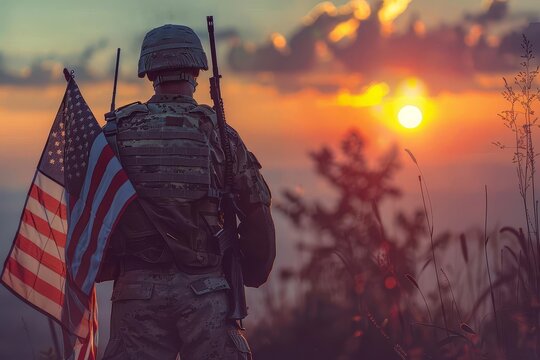 Patriotic image of a soldier with the american flag at sunrise Representing honor Sacrifice And the spirit of veterans day