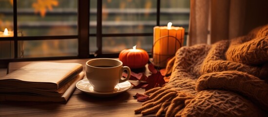 Autumn themed cozy home decor with coffee cup blanket pumpkins candles and leaves - obrazy, fototapety, plakaty