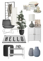 Stylish hall interior with different decorative elements and furniture on white background. Mood board collage