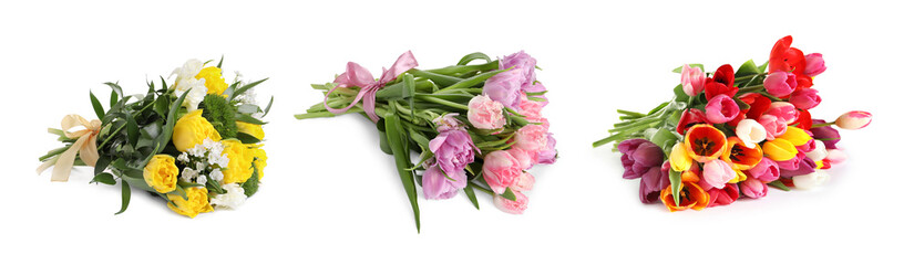 Beautiful bouquets of tulip flowers isolated on white, set