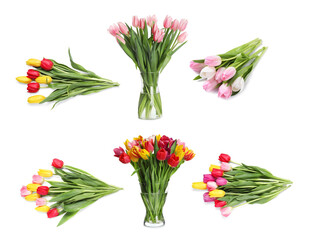 Beautiful bouquets of tulip flowers isolated on white, set