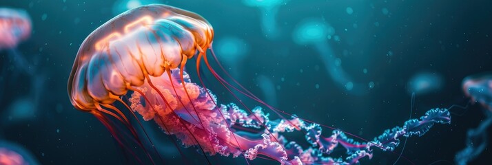 Neon jellyfish floating in a mystical ocean - Electric neon shades capture jellyfish floating elegantly in a mystical deep-sea environment - obrazy, fototapety, plakaty