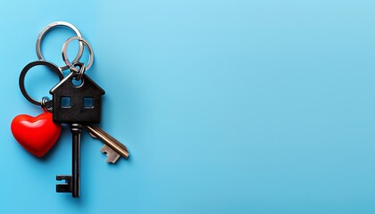 Heartfelt homeownership concept with keys, house keyring, red heart, copy space.