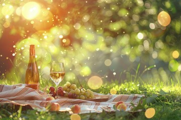 Picnic scene with wine and grapes in sunlit park - A tranquil and delightful picnic setup with a bottle of wine, glass, grapes, and sunbeams dancing through the trees on a warm day