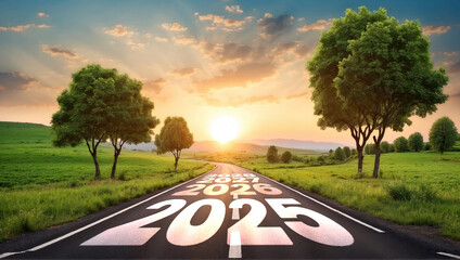 New Year 2025Text written on the road in the middle of asphalt road at sunset. Concept of planning and challenge, business strategy, opportunity ,hope, new life change - obrazy, fototapety, plakaty