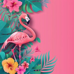 Pink flamingo in tropical paradise - An exquisite illustration of a pink flamingo amidst blooming flowers and dense tropical leaves, depicting lushness and fertility