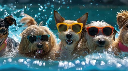 Playful dogs with sunglasses in pool water - Adorable dogs in sunglasses having a blast in clear pool water, showcasing leisure and joy in pet-friendly summer settings