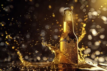 A bottle of beer with A beautiful viscous golden liquid beer swirling. Generative AI.
